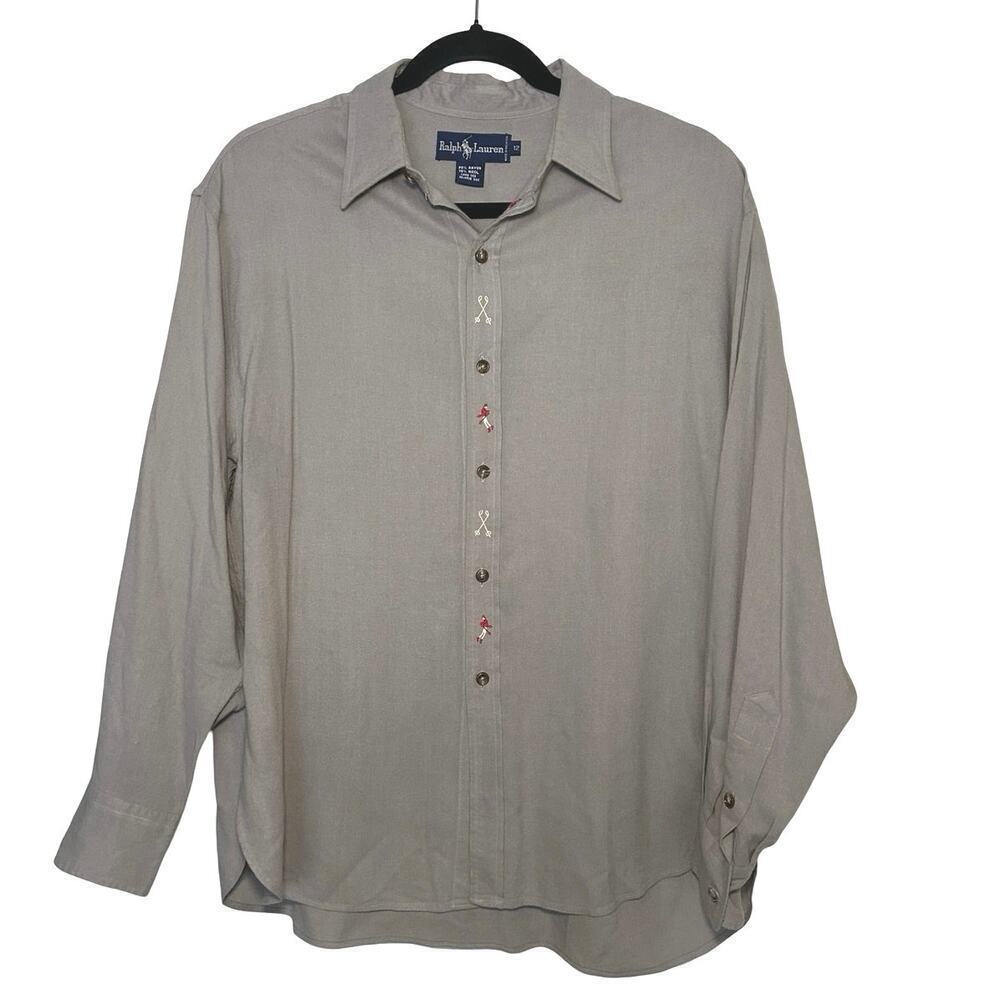 Ralph Lauren Men’s Vintage Button Down Embroidered Skiers Gray Size 12